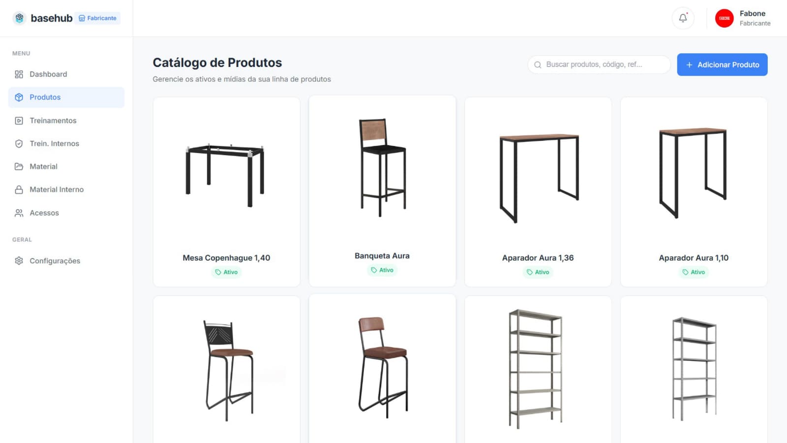 Catálogo de produtos do BaseHub em grade, com busca