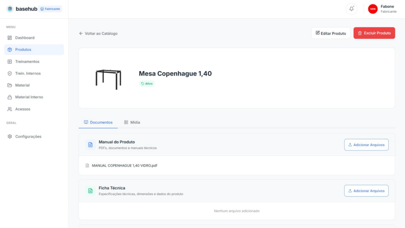 Tela de um produto no BaseHub, com manual e ficha técnica