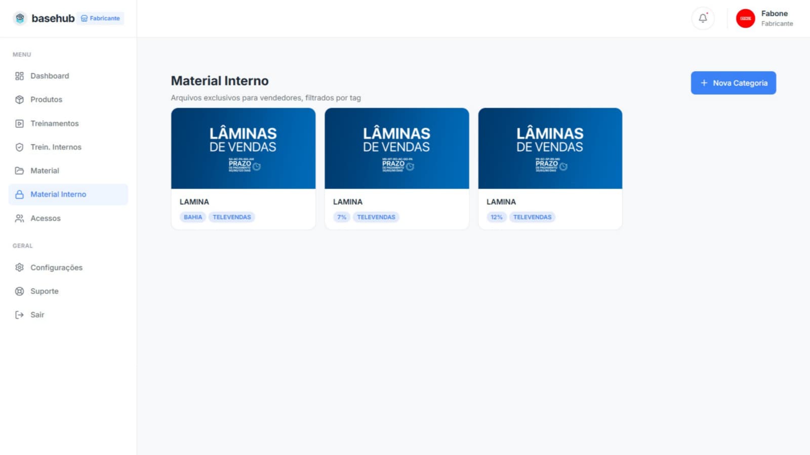 Página de material interno do BaseHub, com as lâminas de vendas