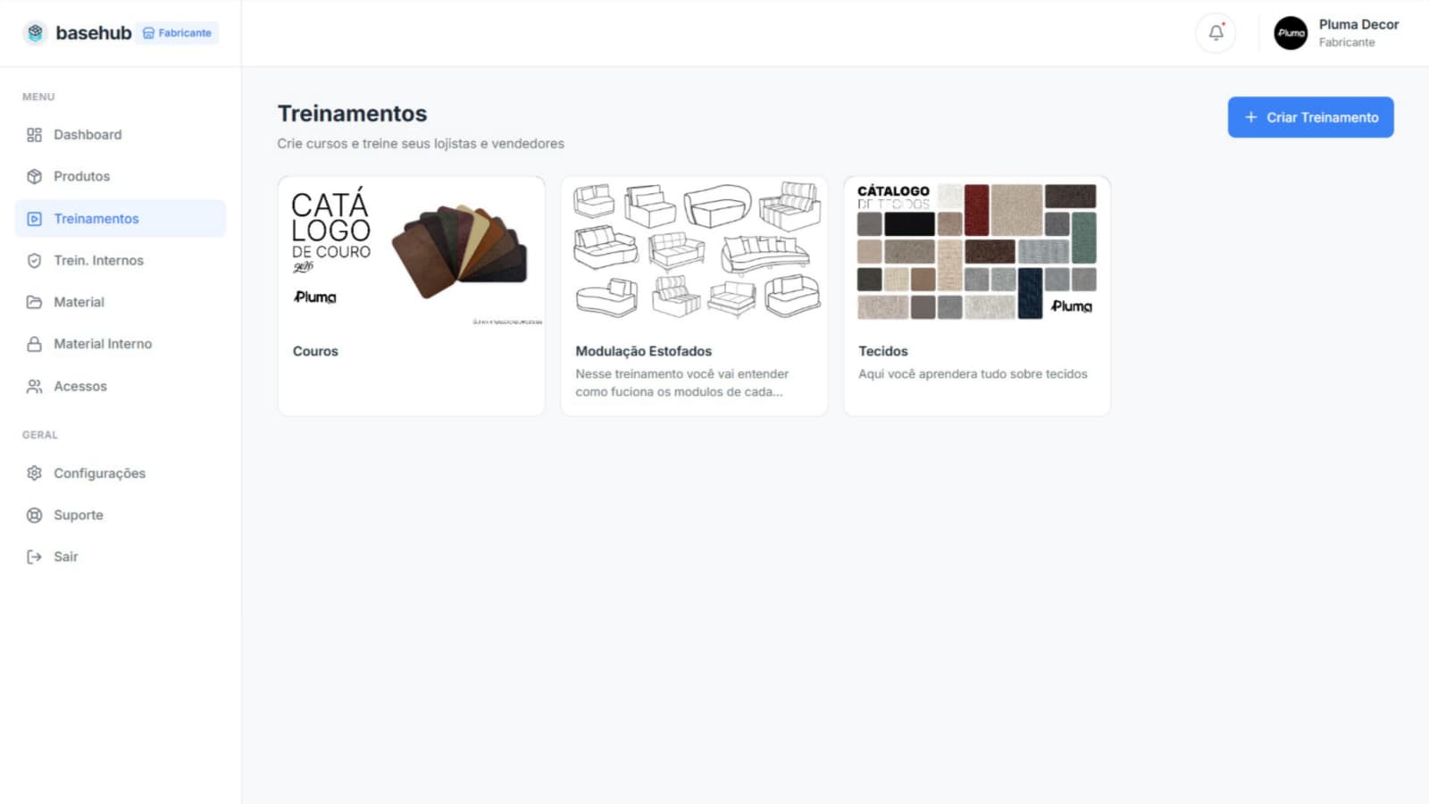 Página de treinamentos de produto do BaseHub