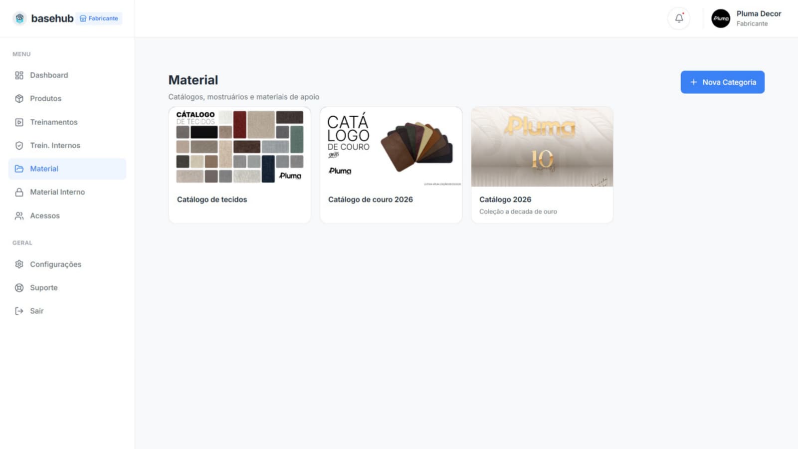 Página de materiais do BaseHub, com os catálogos para download