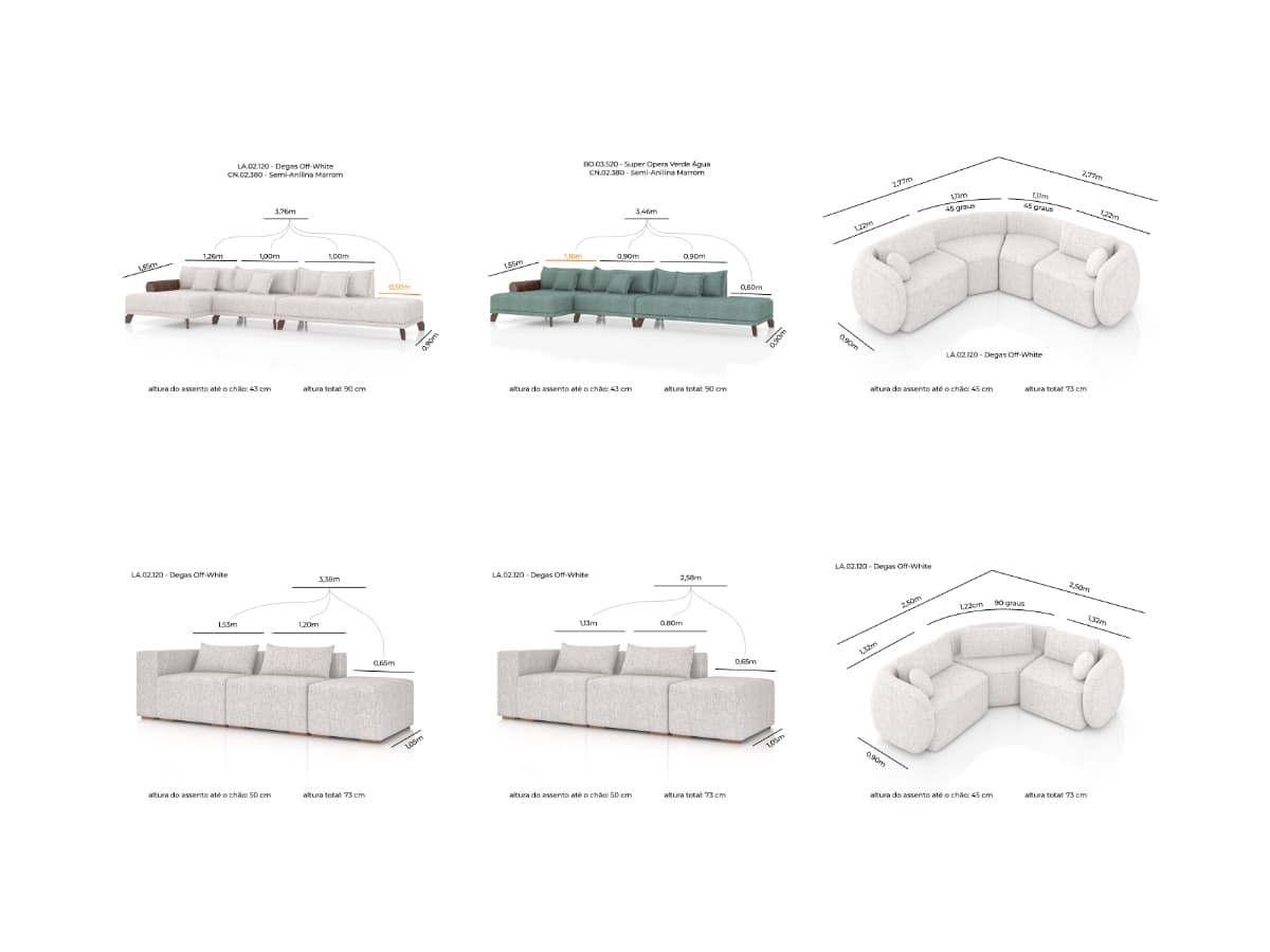 Desenhos técnicos das configurações de módulos dos estofados