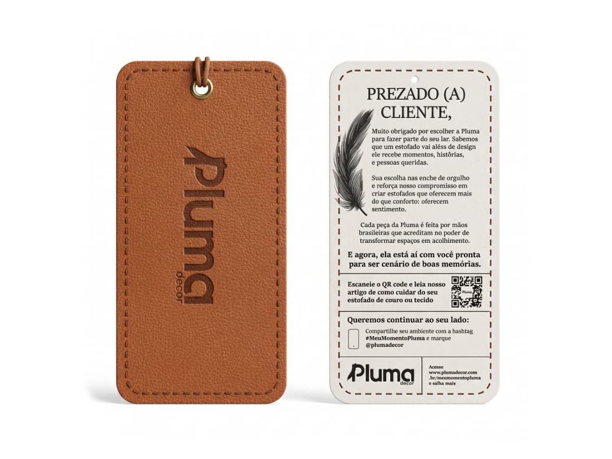 Etiqueta de couro e cartão de boas-vindas da Pluma Decor