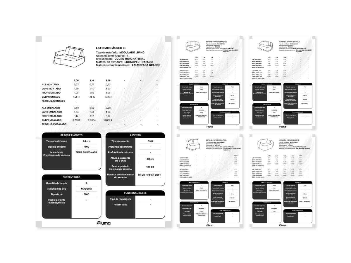 Fichas técnicas dos modelos de estofado da Pluma Decor