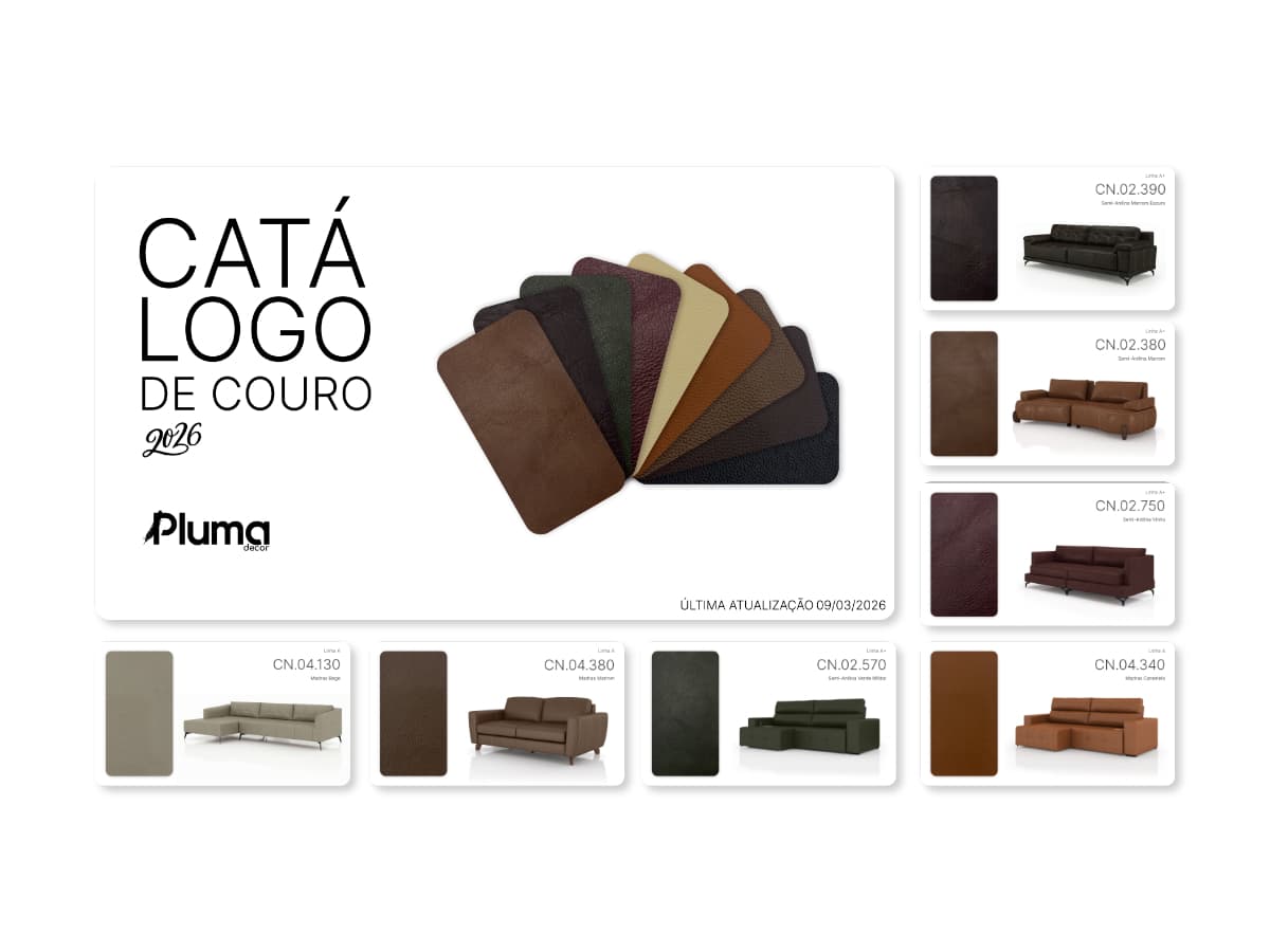 Catálogo de couro com a cartela de acabamentos