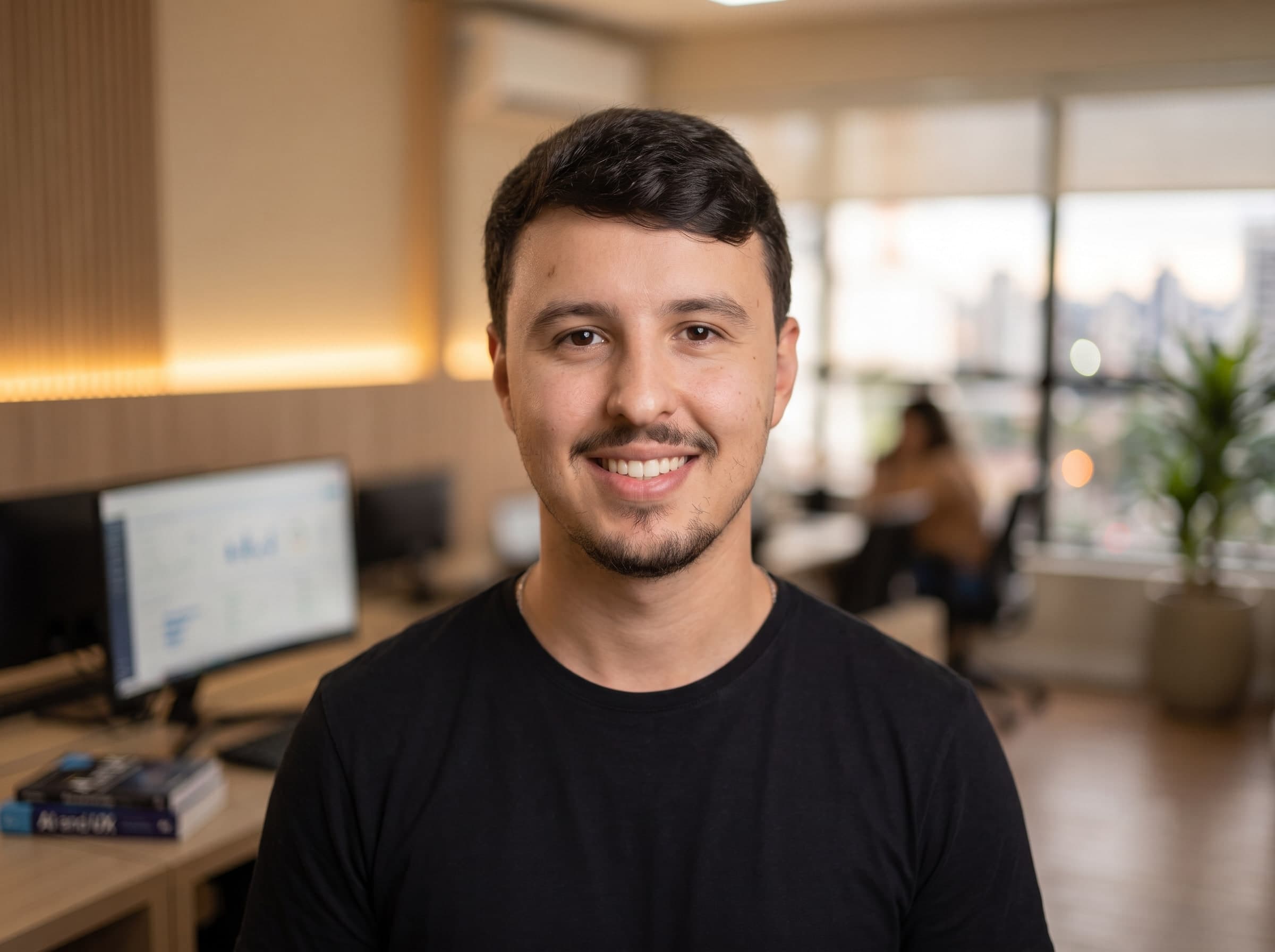 Guilherme Ribeiro, sorrindo, no escritório